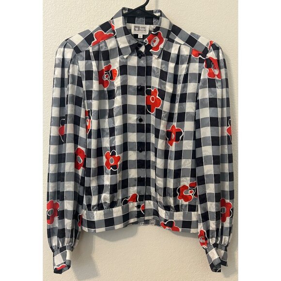 Anne Klein Tops - Vintage Anne Klein Women's Black White Gingham Checkered Blouse Red Poppy Size 8